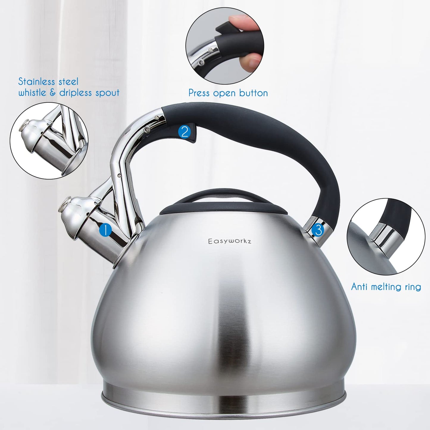 Easyworkz Whistling Stovetop Tea Kettle Food Grade Stainless Steel Hot Water Tea Pot with Loud Whistle,3.1 Quart(3.0l)