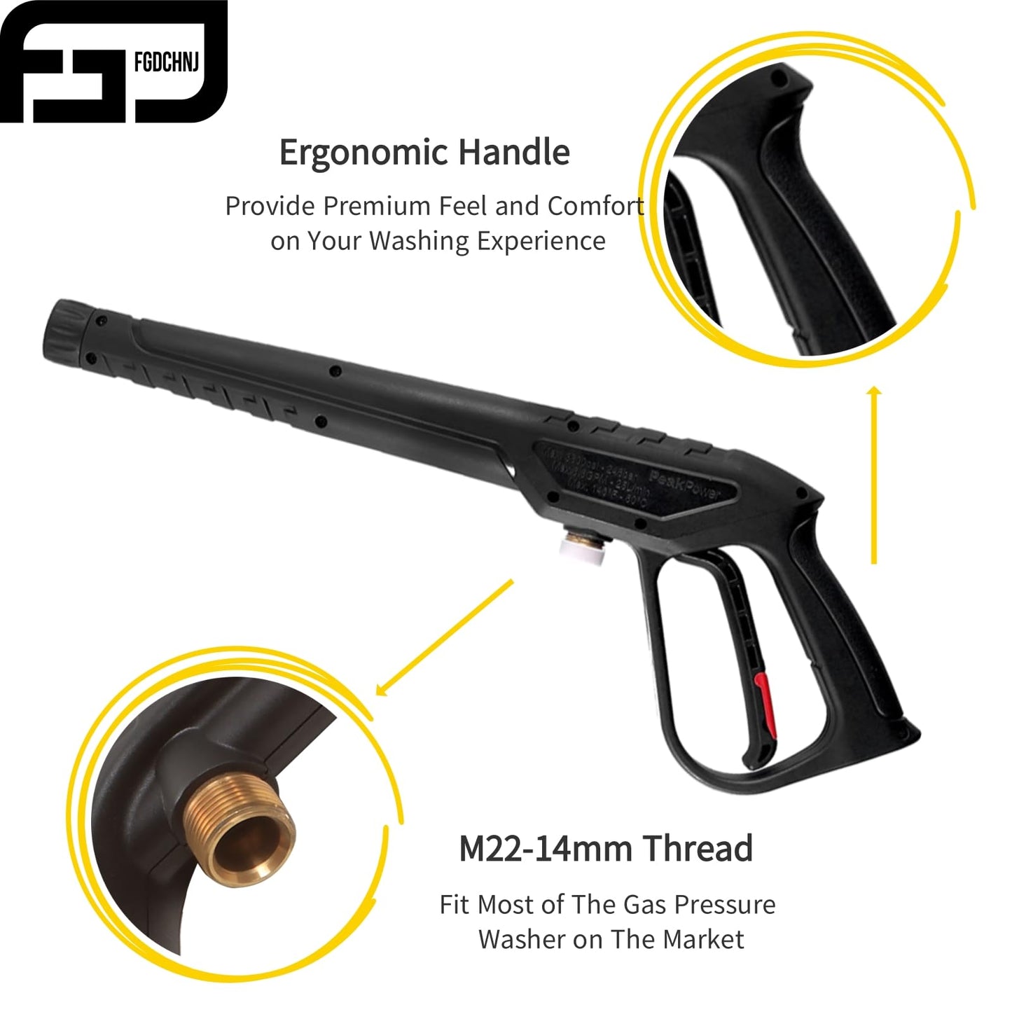 FGDCHNJ Replacement Pressure Washer Gun with Extension Wand, Power Spray Car Wash Gun with M22-14mm Thread Fitting, 5 Nozzle Tips, 36 Inch, 3600 PSI