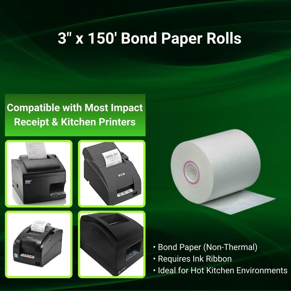 SYSON 3" x 150' Bond Kitchen Printer Paper Rolls – 1-Ply, 30 Rolls/Case, Non-Thermal Receipt Paper, Compatible with Epson, Bixolon, Citizen, Star, and More