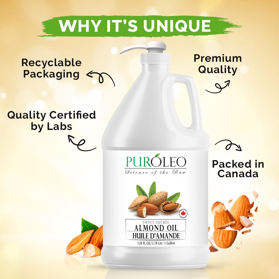 PUROLEO Sweet Almond Oil 128 Fl Oz/3784 ML (Packed In Canada) Pure Almond Oil for Skin, Hair, & Body | Organic Carrier Oil & Body Oils For Women | Almond Butter Hair Oil, Body Oil, Baby Oil, Massage Oil huiles essentielles Amande Douce Huile Massage