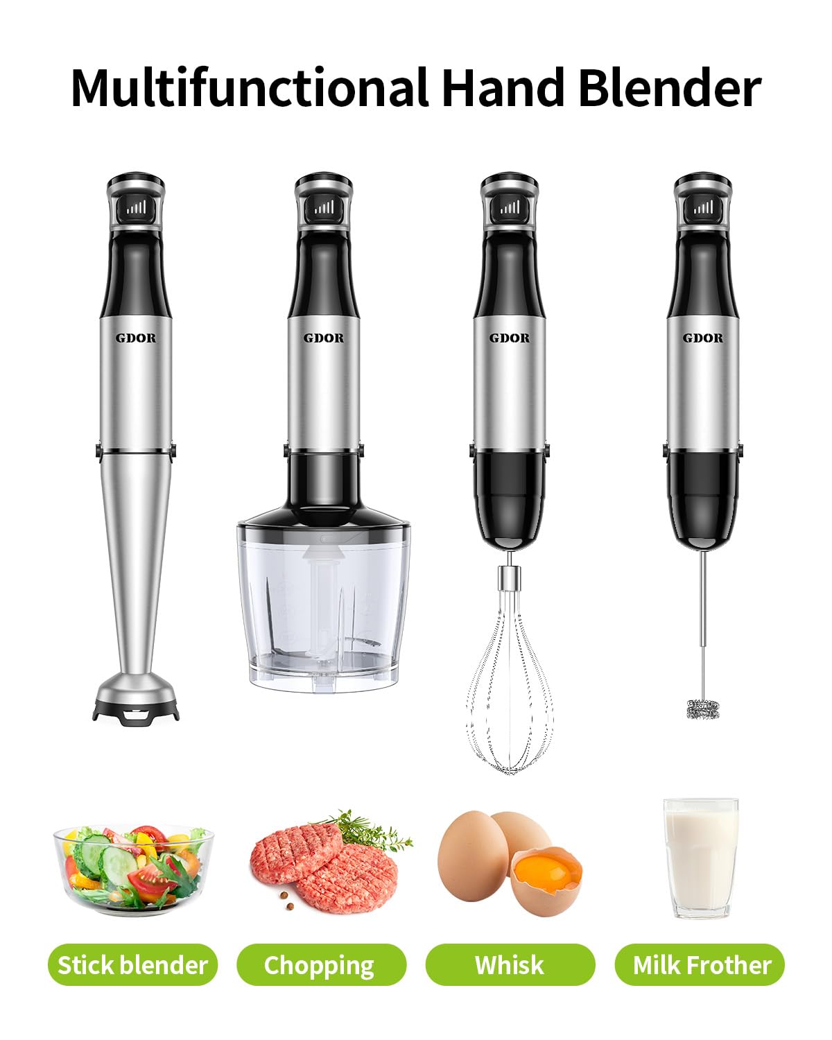 Immersion Blender Handheld, 1100W Hand Blender Set, 5 in 1 Trigger Variable Speed Stick Blender with Milk Frother, Whisk, 800ml Beaker, 600ml Chopper for Soup, Smoothie, Baby Food, Puree, BPA Free