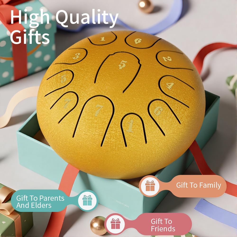 Rain Drum for Outside Garden,Steel Tongue Drum 6 Inche 8 Note Steel Drums Rain Chime,with Soft Bag,Music Book (Yellow, 6 Inch 11 Note)