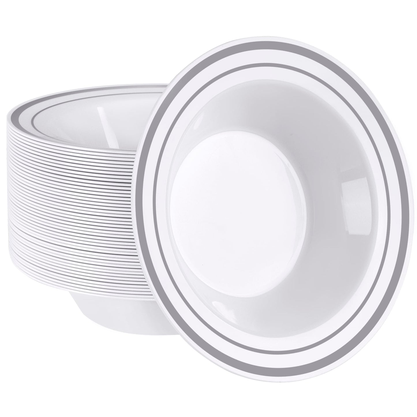 Setup [12 oz. - 50 Piece] Dessert Soup Bowls with Silver Rim, Bowls Disposable - Premium Heavy-Duty Disposable Soup Bowls for Party, Wedding, and All Occasions