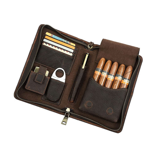 Contacts Cigar Humidor Leather Business Cigars Box Travel 5 Finger Cigars Clutch Organizer with Cigar Cutter Slot Lighter Slot