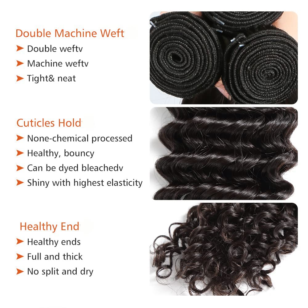Datanala Brazilian Virgin 100% Unprocessed Deep Wave Human Hair Grade 12A Deep Wave Human Hair Bundles 12 14 16Inch Deep Curly Human Hair Weave Natural Black Color For Women