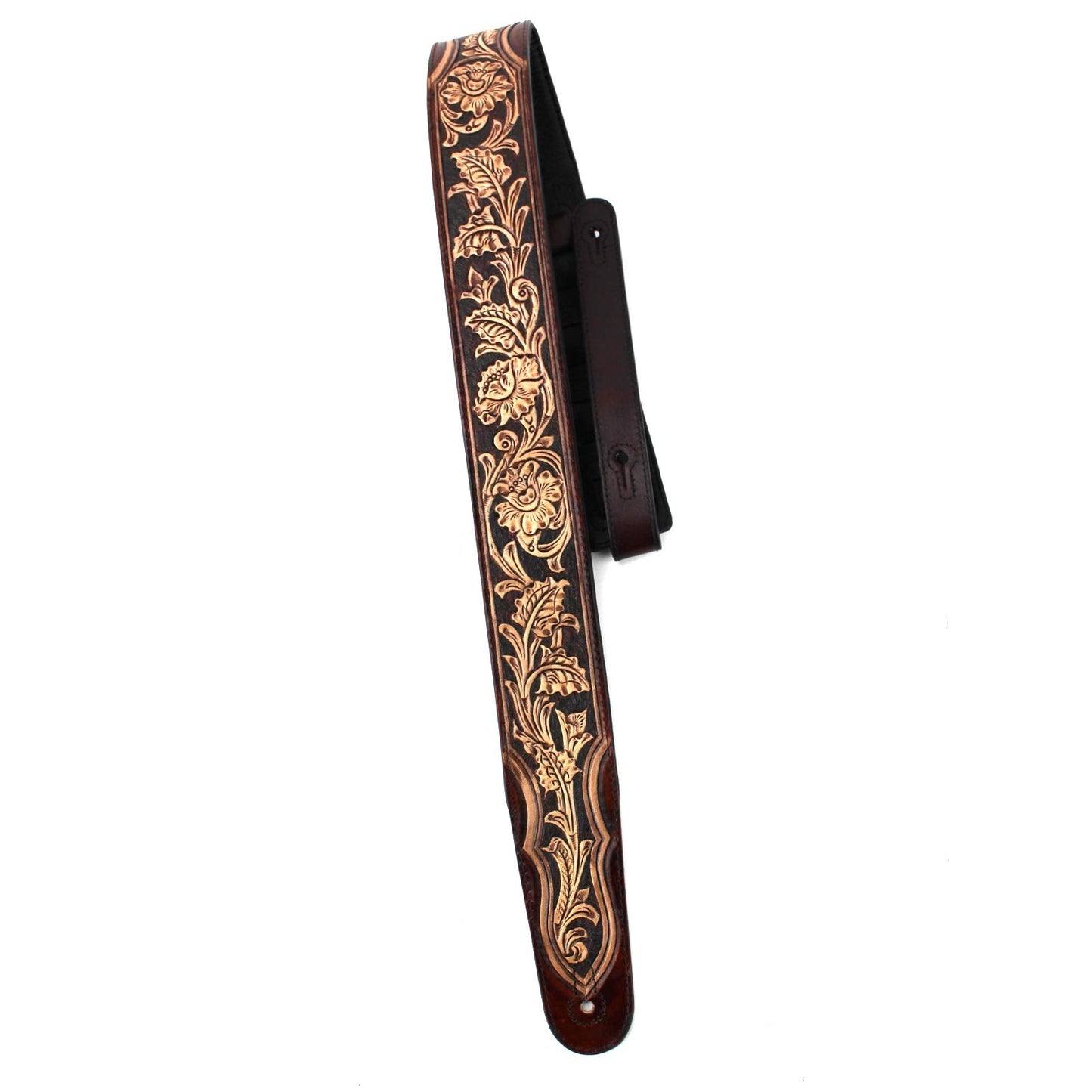Walker & Williams KH-02-BRN Walnut Brown Premium Carving Leather Padded Guitar Strap With Hand Carved Traditional Western Sheridan Tooling For Acoustic, Electric, And Bass Guitars, Brown, Regular