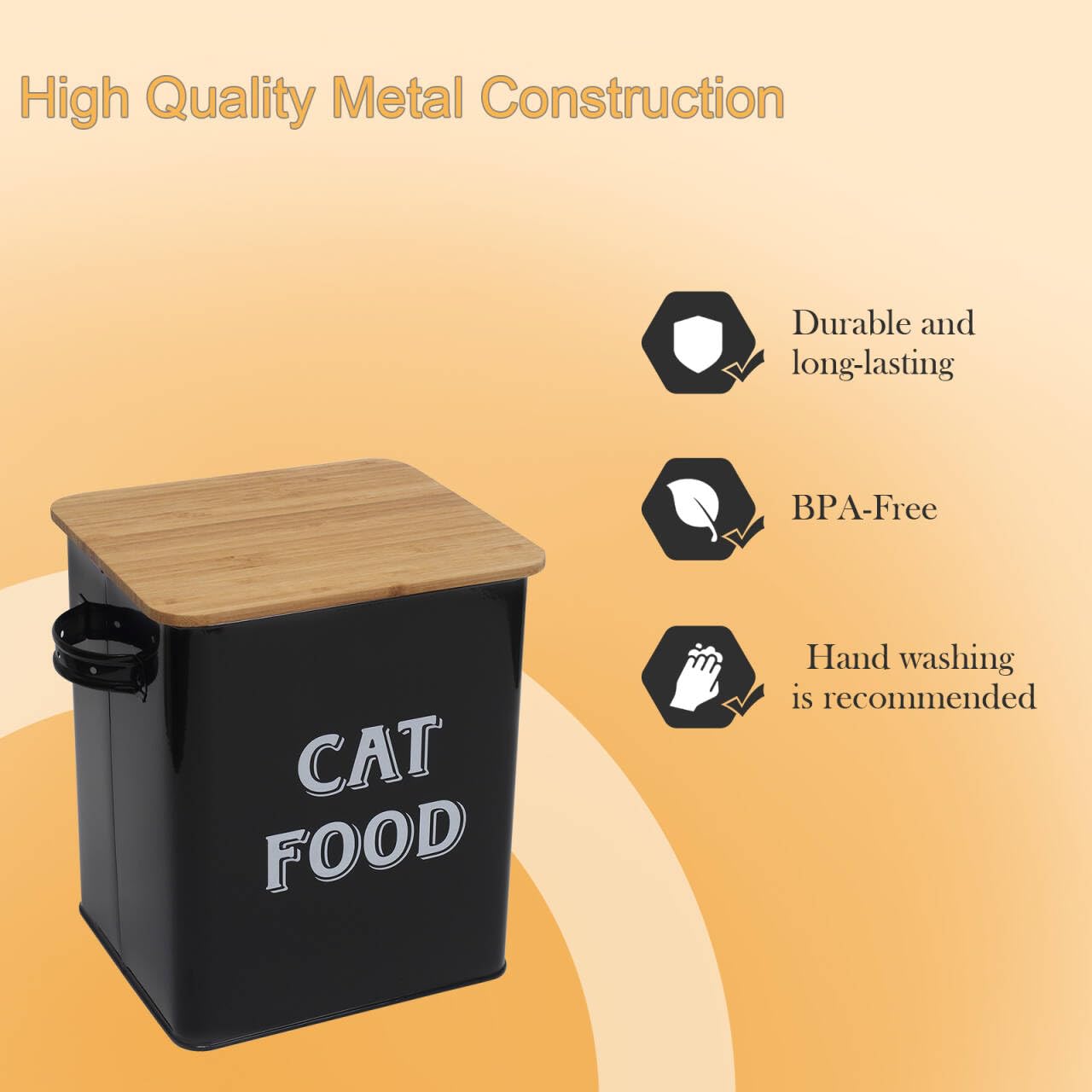 Cat Food and Treats Containers Set with Scoop for Cats or Dogs -Tight Fitting Wood Lids - Coated Carbon Steel - Storage Canister Tins-Cat-Black