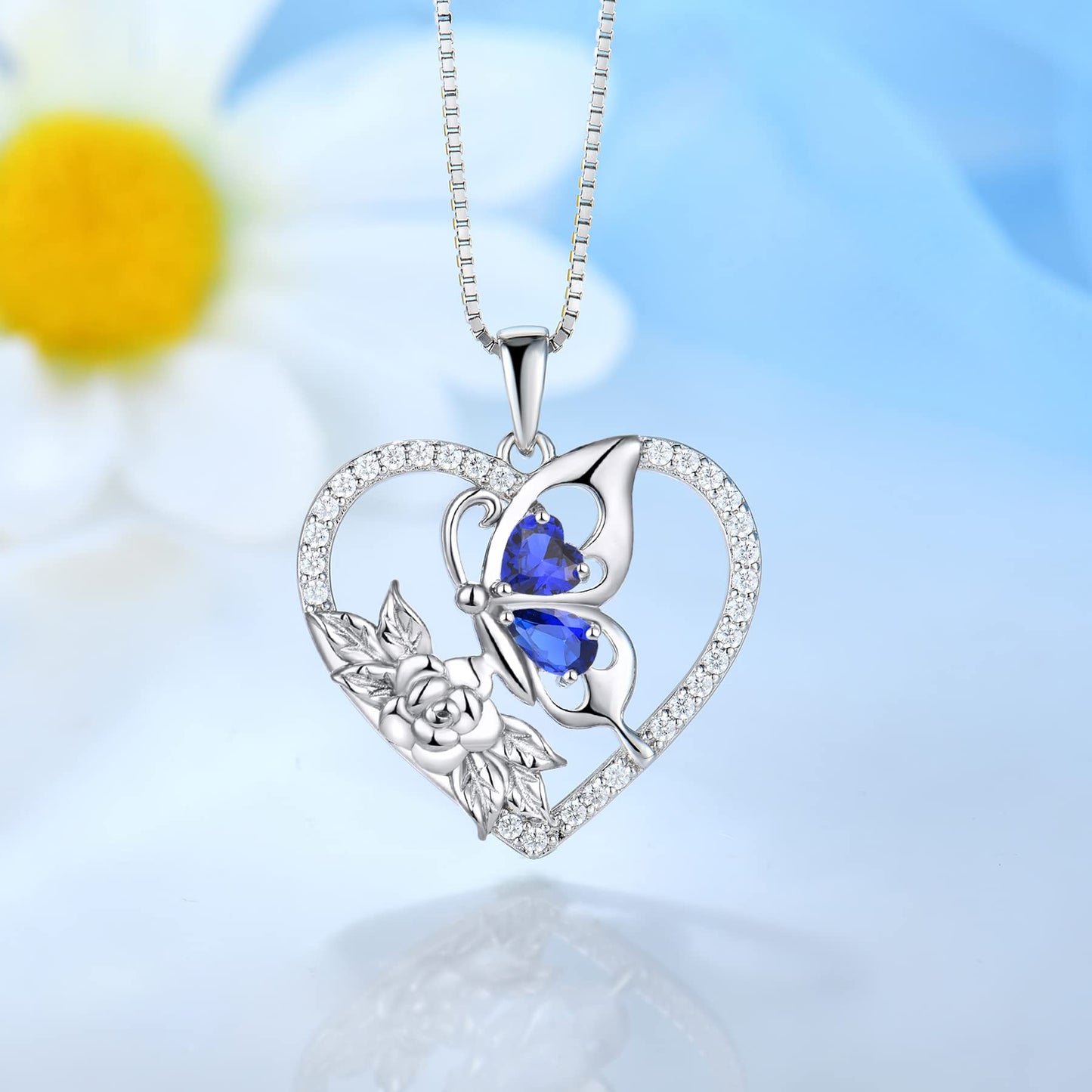 YL Created Sapphire Butterfly Necklace for Women, 925 Sterling Silver Birthstone Heart Pendant Flower Rose Halo Jewelry Mother Daughter Gifts for Her