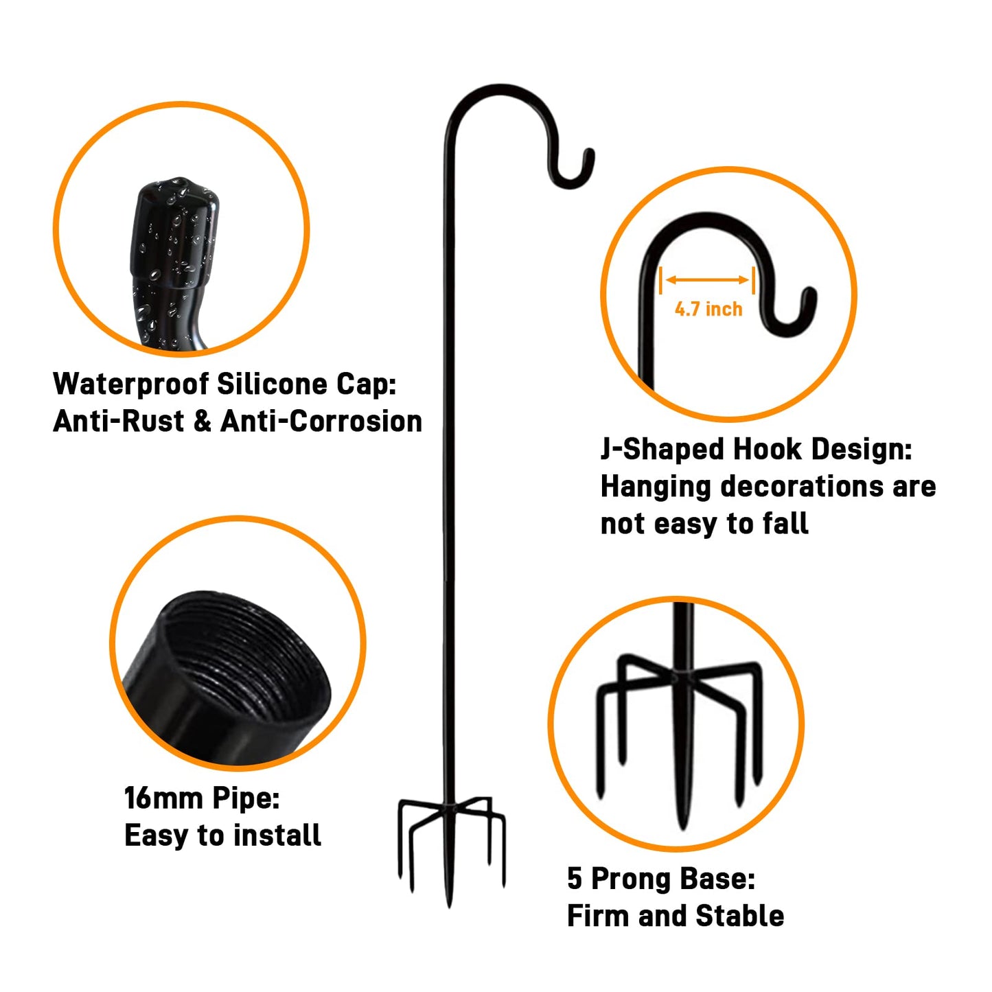 Rexwnadu Shepherds Hook 76 Inches 2 Packs for Bird Feeder Heavy Duty Adjustable Outdoor Shepherd Hooks with 5-Prong Base for Lanterns Planting Hanger Weddings (76")