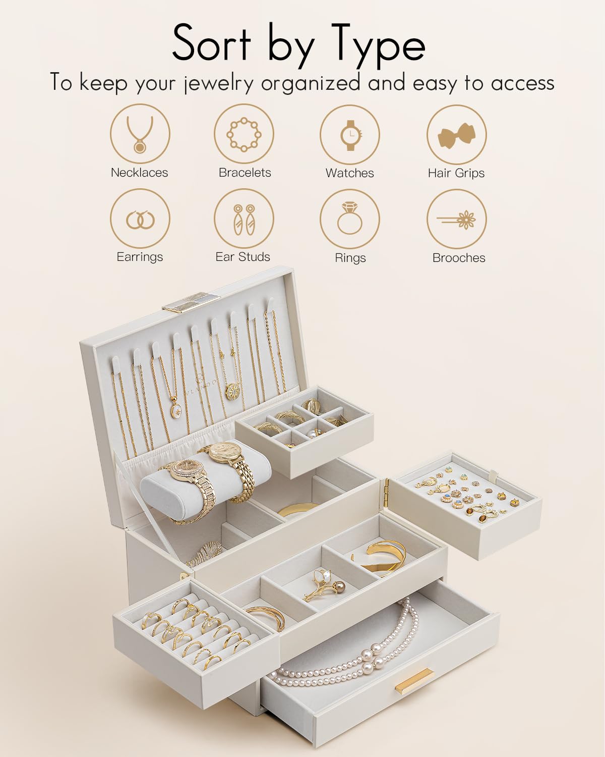 Vlando Jewelry Boxes for Women,3 Layers Jewelry box Organizer With Expandable and Removable Tray,Jewelry Organizer Box for Earring,Ring,Necklace,Bracelets,Beige
