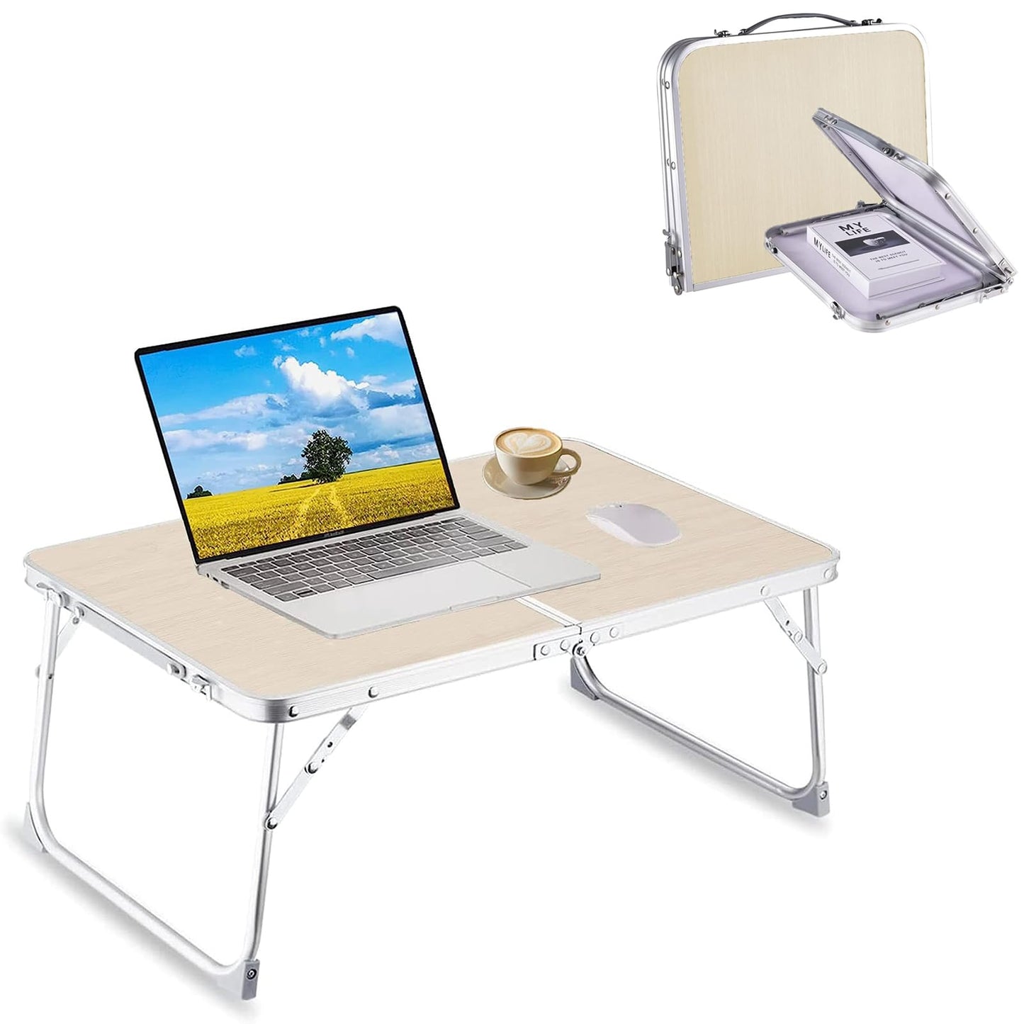 Tlingsd Foldable Laptop Table for Bed, Lap Desk, Bed Desk, Breakfast Serving Bed Tray, Portable Aluminum Alloy Mini Picnic Table Folds in Half with Inner Storage Space (Beige, Aluminum Foot)