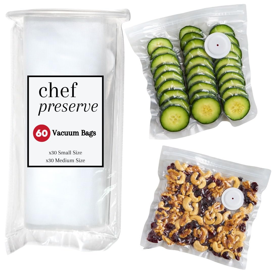 Chef Preserve Reusable Vacuum Sealer Bags for Food – 60 BPA-Free Food Storage Bags, Freezer, Microwave – Odor-Resistant, Leak-Proof – Compatible with Chef Preserve Vacuum Sealers
