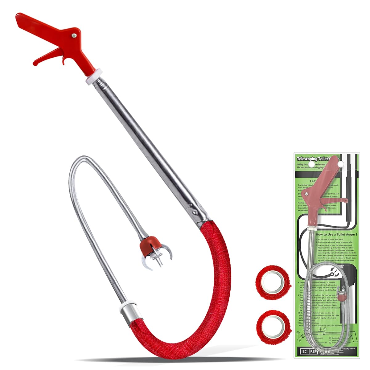 69 Inch Toilet Grabber Tool, Flexible Grabber Unclogger Tool, Four-Claw Picker, Stainless Steel Telescoping Rod, for Pick/Grab Objects Clogged in Toilet Pipes/Drain