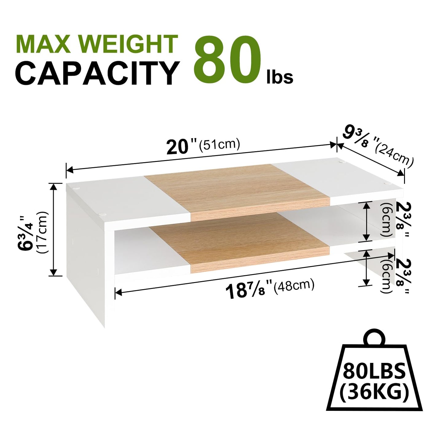 TEAMIX 2 Tiers Desktop Monitor Stand Riser 51cm Printer Stand with Storage Small TV Riser Laptop Wooden Desk Organizer Shelf Bookshelf Maple (White+Maple, 2 Tiers)