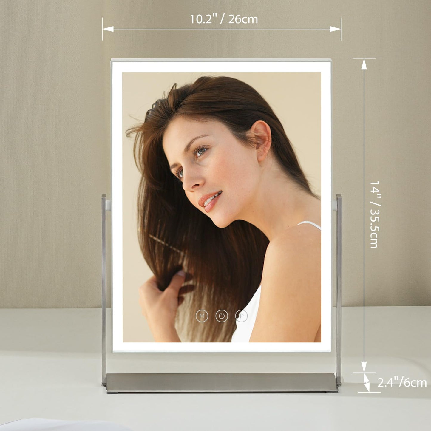 14 Inch Rechargeable Lighted Makeup Mirror, Vanity Mirror with 104 LED Lights, Rectangular Desk Mirror with Light, Metal Table Mirror with Stand, 3000mAh Battery