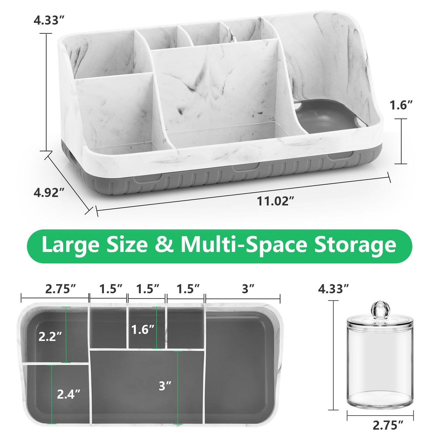 Bathroom Toothbrush Holder Set with 2 Pack Qtip Holder Dispenser - Detachable 7 Slots Bathroom Accessory Set, Kids Marble Bathroom Sink Counter Set, Bathroom Essentials Decor, Grey