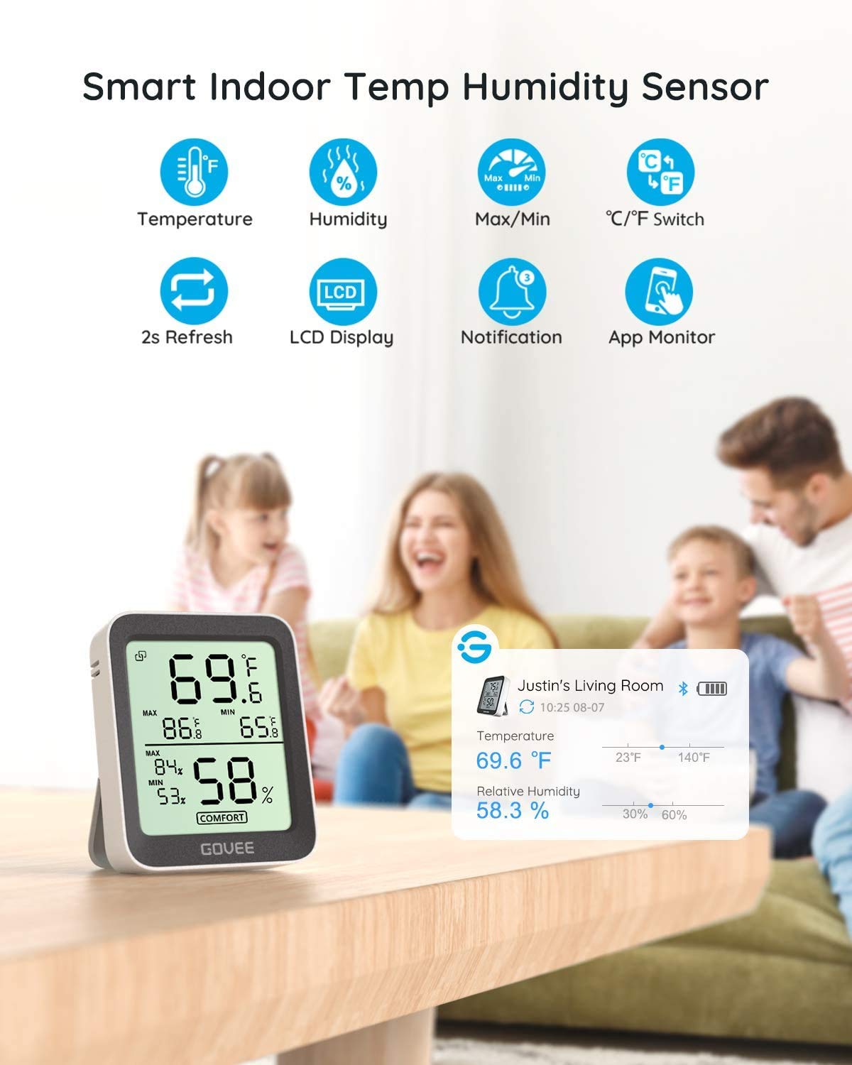Govee Hygrometer Thermometer 2 Pack, Indoor Bluetooth Humidity Meter with APP Alerts, Room Thermometer with Large LCD Display, Max Min Records, 2-Year Data Storage Export
