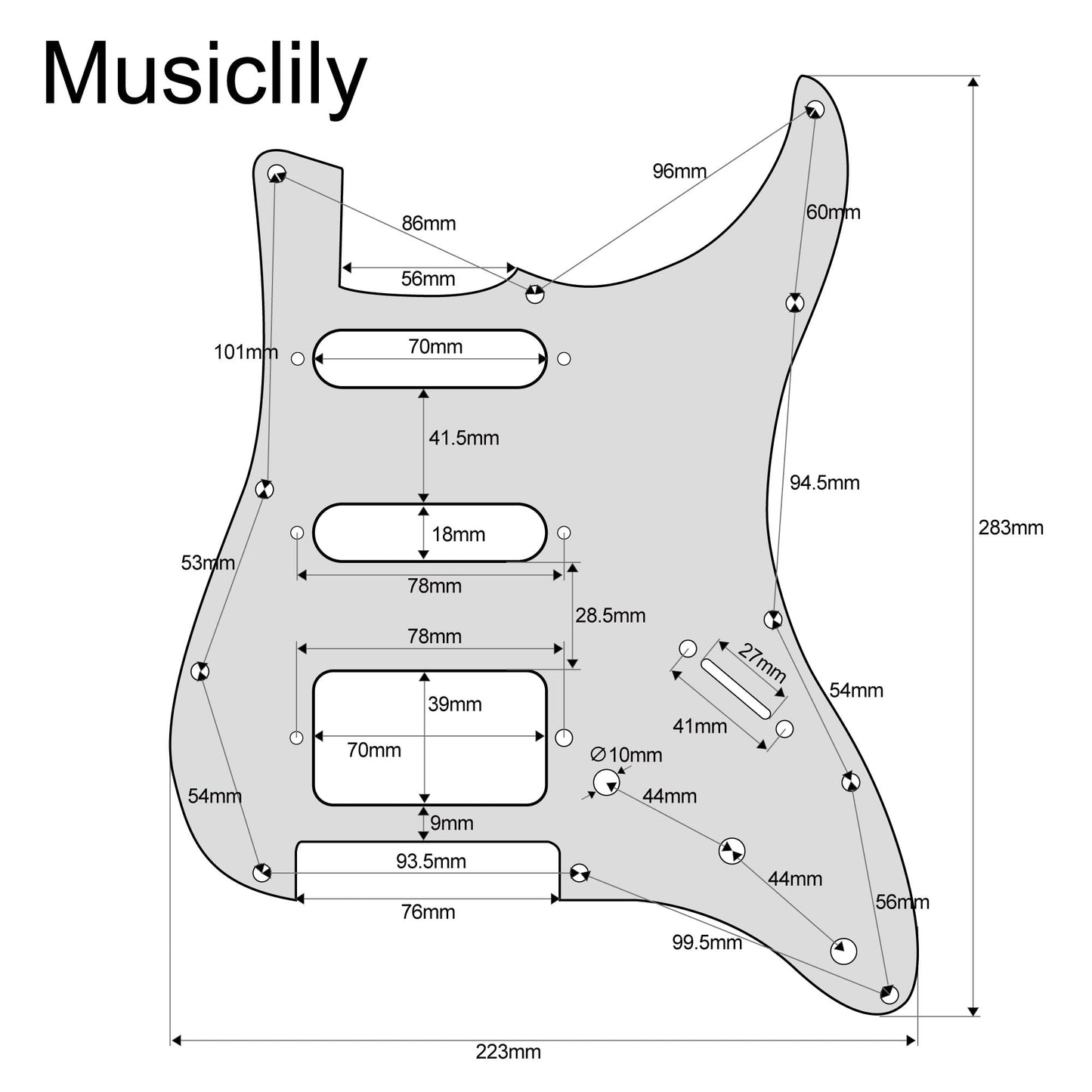Musiclily SSH 11 Hole Prewired Loaded Humbuckers Stratocaster Pickguard with Noiseless Alnico 5 Pickups Set for Strat Style Guitar,3Ply Black
