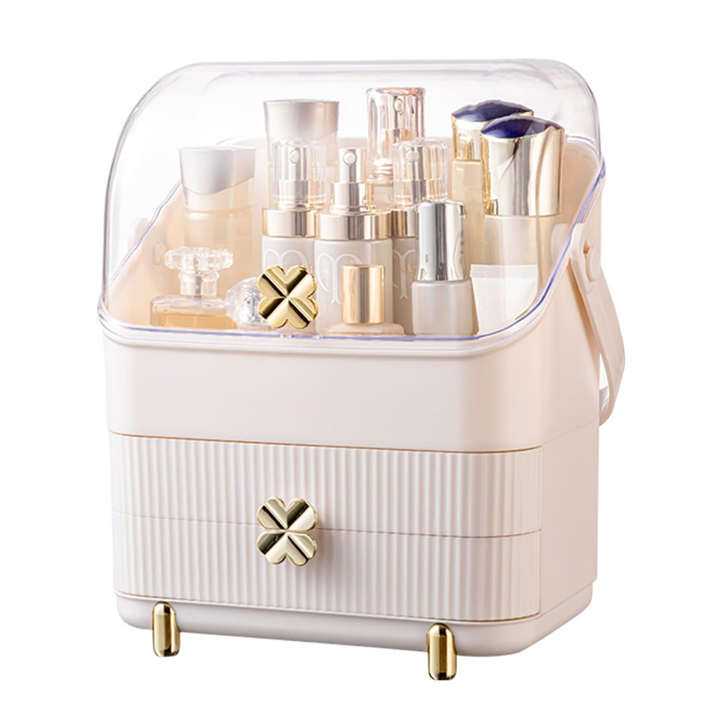 SUNFICON 3 Tiers Makeup Organizer Holder Cosmetic Storage Box with Dust Free Cover Portable Handle 2 Rroomy Drawers,Great for Bathroom Countertop Bedroom Dresser,Ivory White