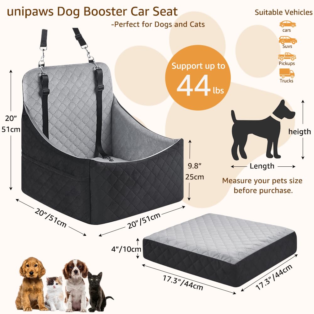 unipaws Dog Booster Car Seat for Small Medium Dogs, Elevated Puppy Car Bed with Pockets, Detachable Washable Cover, Portable Anti-Slip Travel Bed for Car