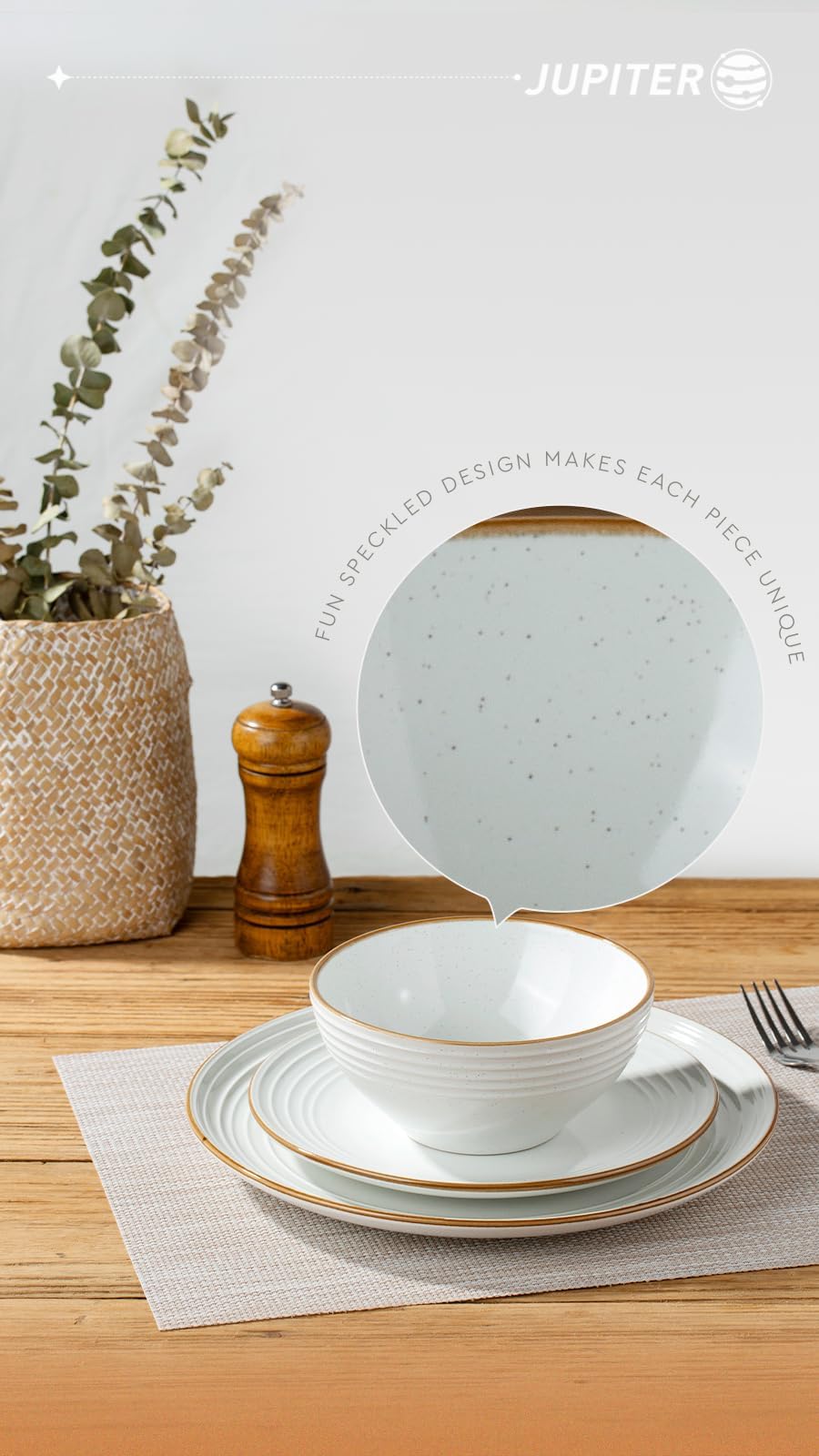Richmount Jupiter Dinnerware Set, Plates and Bowls Sets for 4, Microwave and Dishwasher Safe, Scratch Resistant, 12 Pieces Dishes Set, White