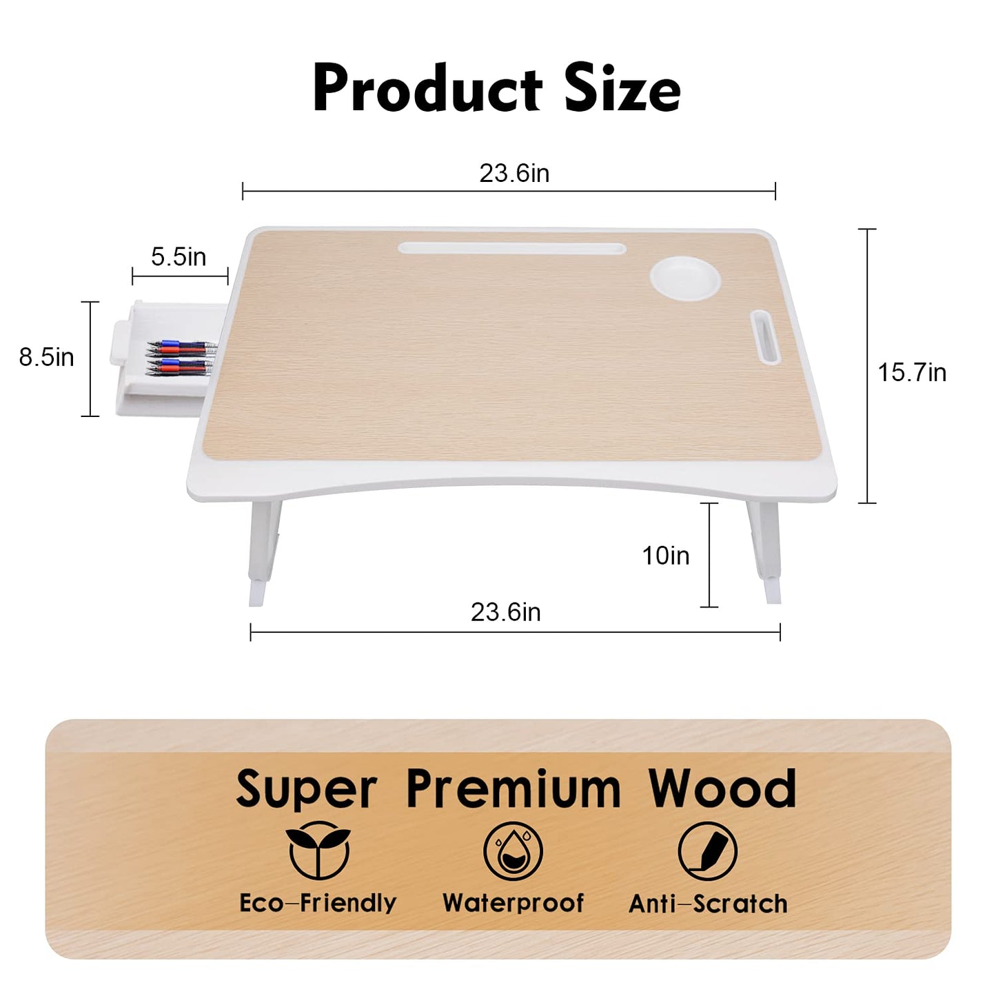 Amaredom Laptop Bed Desk Tray Bed Table, Foldable Portable Lap Desk Notebook Stand Reading Holder with Storage Drawer and Cup Holder for Eating Breakfast on Bed/Couch/Sofa-White Oak