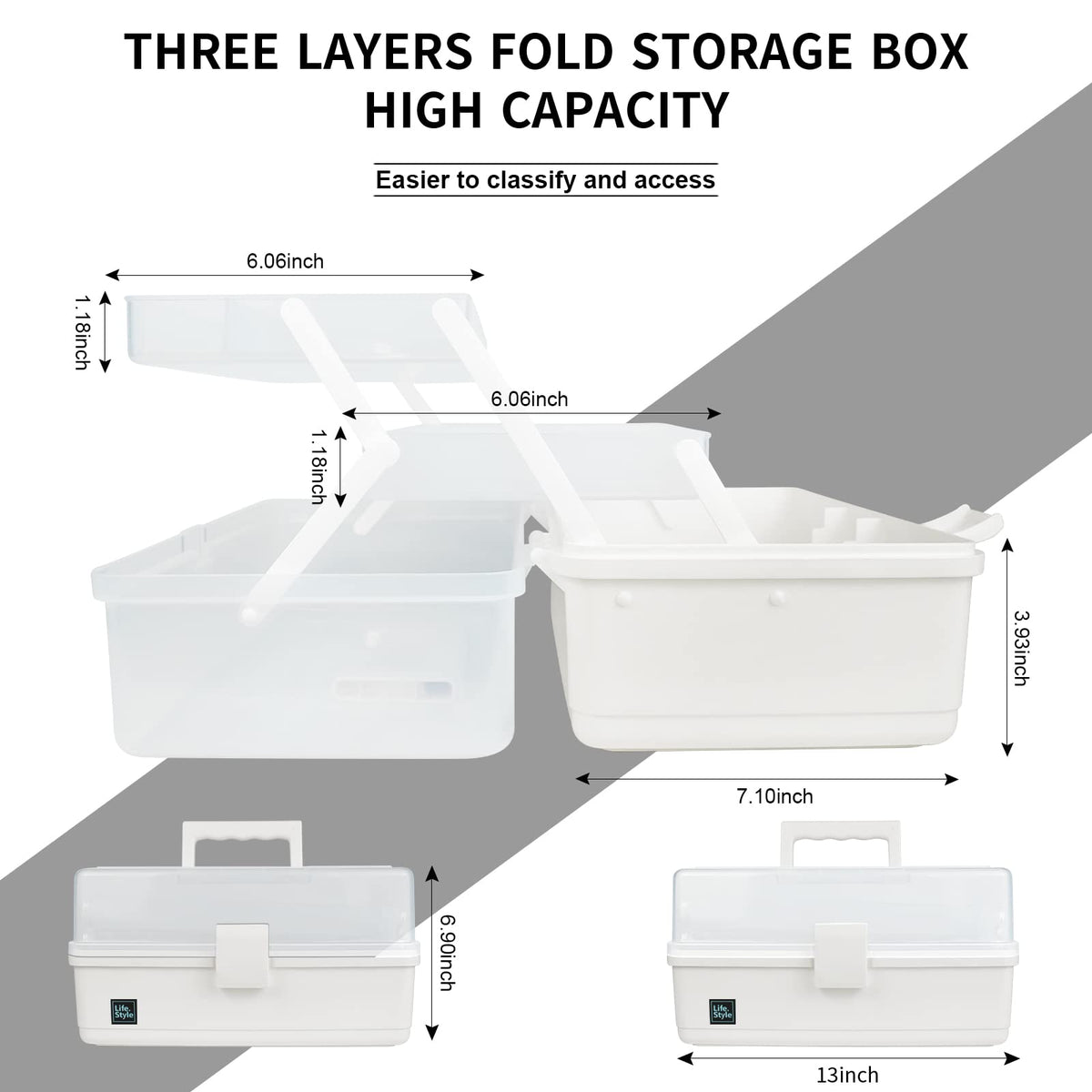 Creahaus 34cm Art Craft Organizer Storage Box with 3 Layers, Multifunctional Plastic Tool Box with Handle for Sewing, Makeup, Medicine, Nail, Hair Accessories (White)