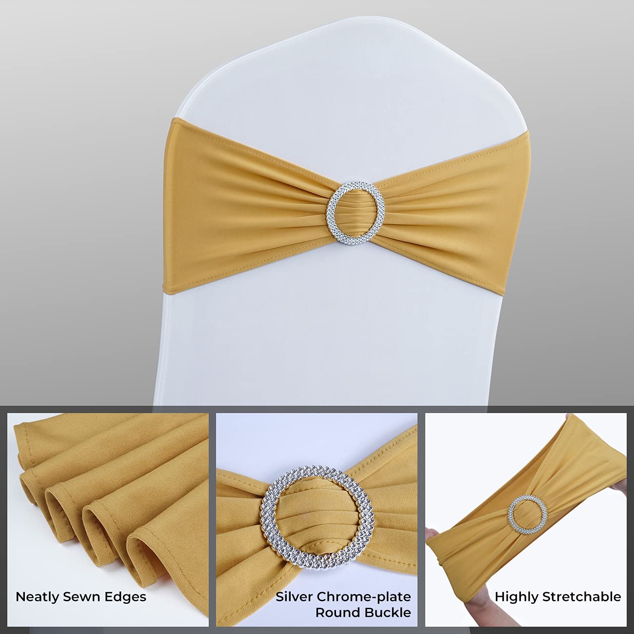 Spandex Chair Sashes Bows - Babenest 100PCS Premium Stretch Chair Cover Band with Buckle Slider Universal Elastic Chair Ties for Wedding Party Ceremony Reception Banquet Decoration (Gold)