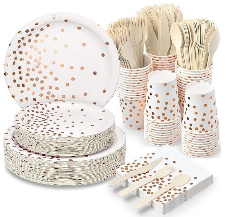 350Pcs White and Rose Gold Party Supplies, Disposable Dinnerware Set - Paper Plates Napkins Cups Plastic Forks Knives Spoons for Birthday Christmas Party Baby Shower New Years Eve Decor, Severs 50