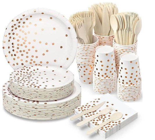 350Pcs White and Rose Gold Party Supplies, Disposable Dinnerware Set - Paper Plates Napkins Cups Plastic Forks Knives Spoons for Birthday Christmas Party Baby Shower New Years Eve Decor, Severs 50