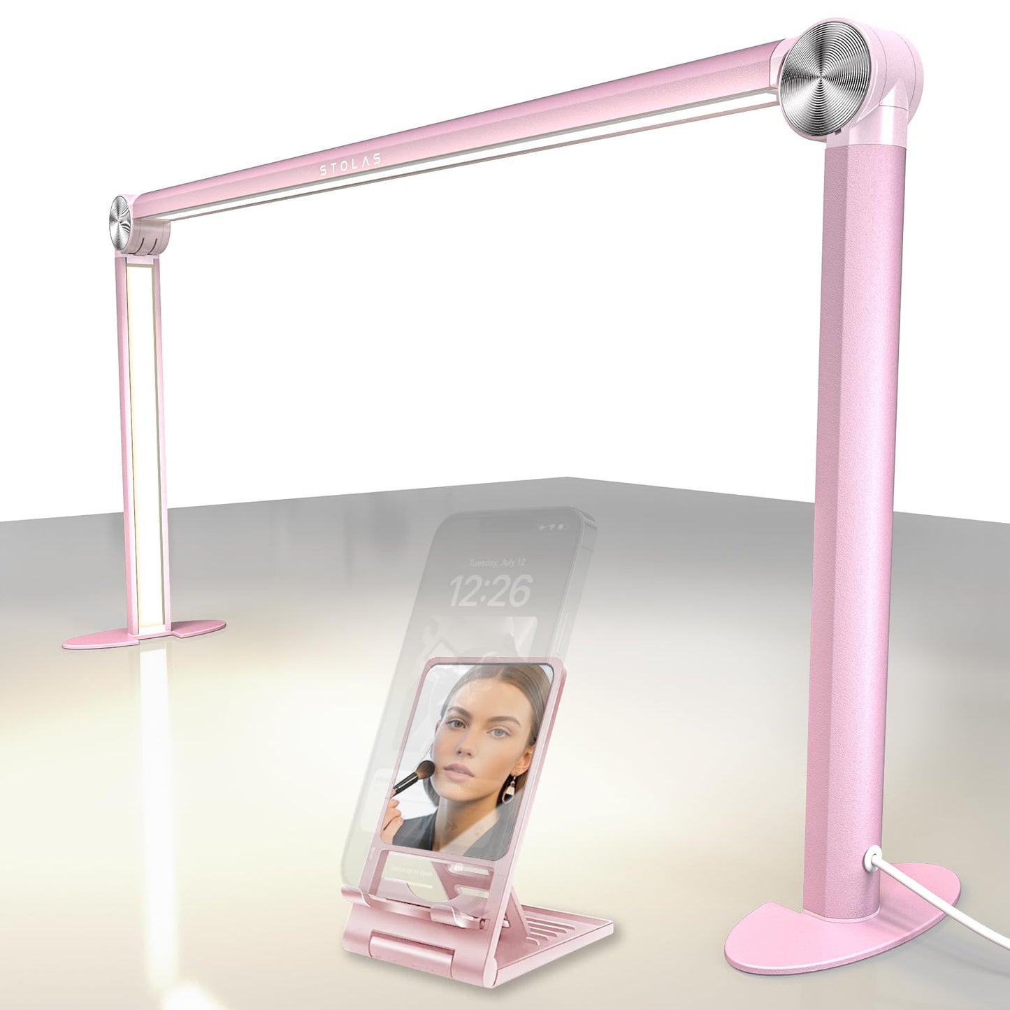 STOLAS Nail Lamp for Desk with Phone Holder, 14 inch Height 3 Modes 3000K-6000K Dimmable LED Light, Desk Lamp for Nail Tech (Pink)