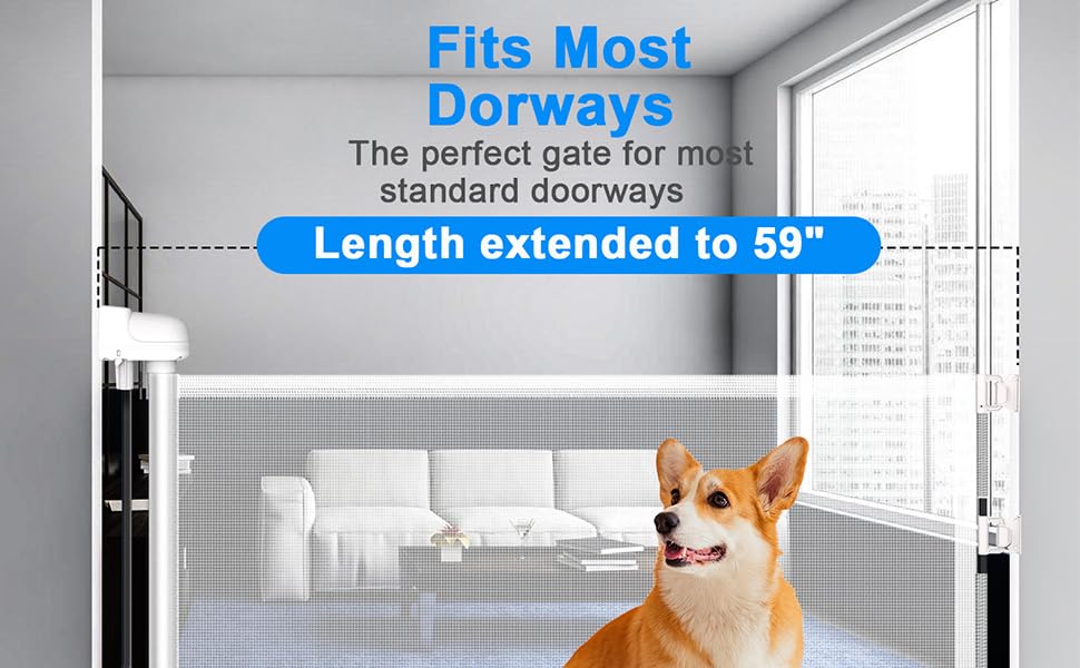 14" H Short Dog Gate - 59" Wide Retractable Mesh Pet Fence, Puppy Gate for Doorways & Stairs