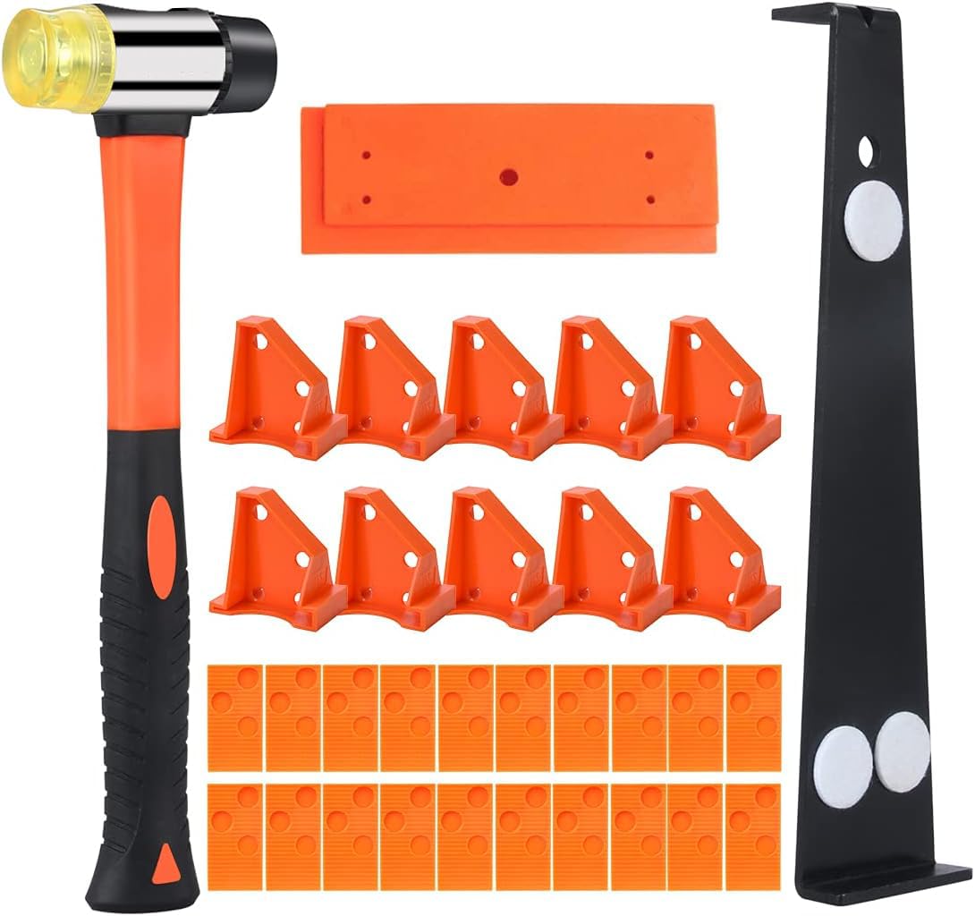Laminate Flooring Installation Tool Kit, Jouhin 33 Pieces Flooring Tools with 10 Special Triangle Spacers, 20 Wedge Spacers, Fiberglass Handle Mallet, Tapping Block, and Heavy Duty Pull Bar