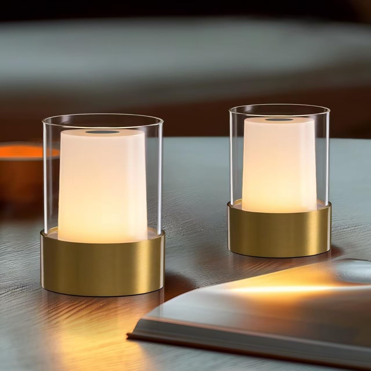PUSU 4" Rechargeable Cordless Table Lamp | 2 Pack, Bronze - Battery Operated | Touch Control | Adjustable Brightness | LED | Portable | Outdoor & Indoor | Living Room | Bedside | Camping | Bar | Party