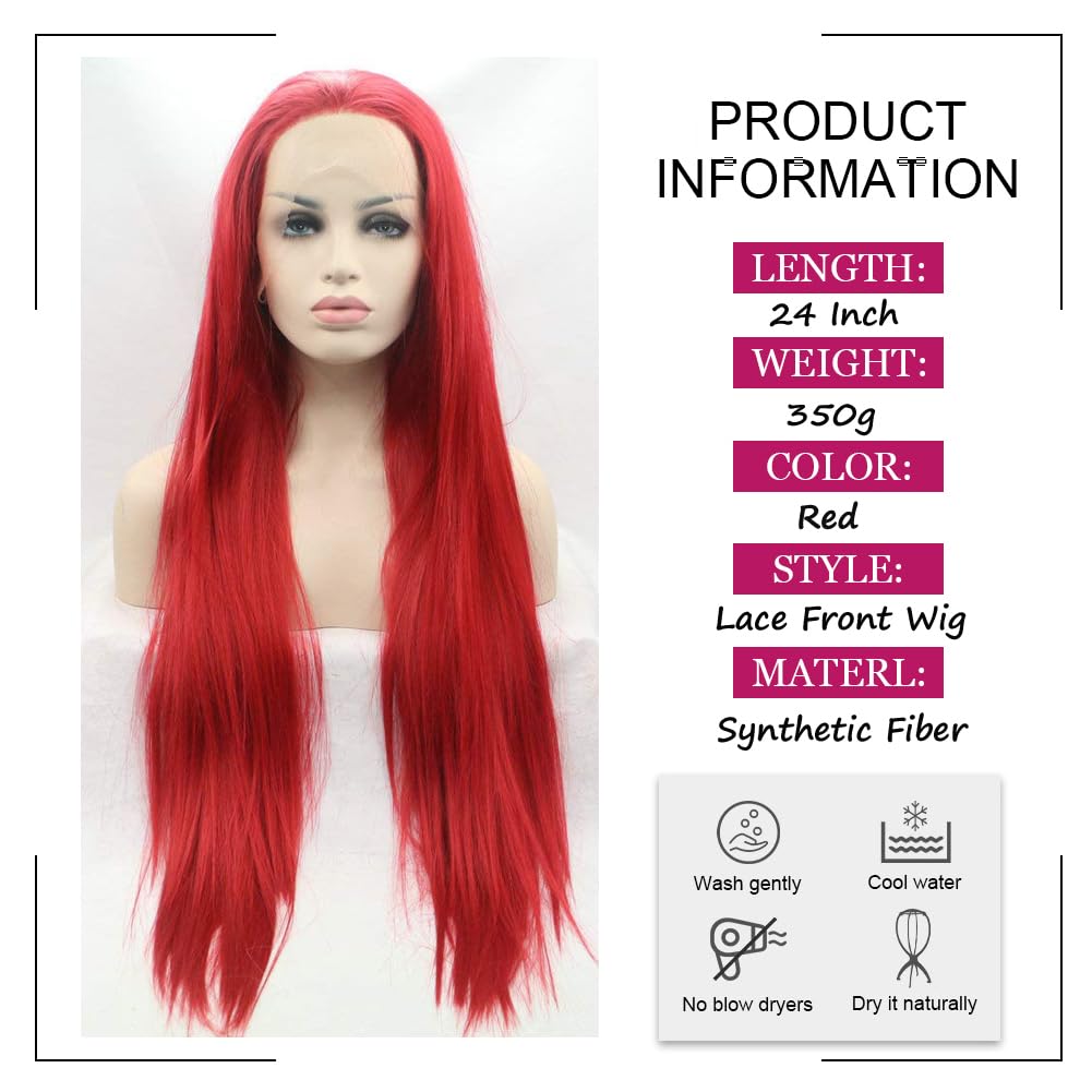 Angle Lucky Red Lace Front Wig Long Straight Red Middle Part Wig Synthetic Pre Plucked Lace Wig Heat Resistance Fiber Daily Makeup Party Wigs for Girls Women 24 Inch