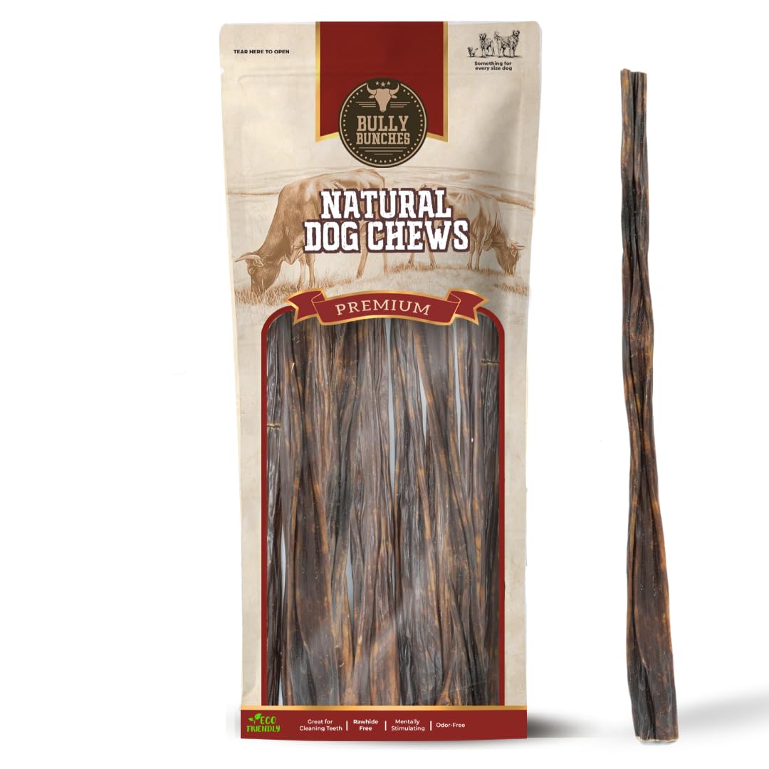 Bully Bunches All Natural 12 Inch Beef Jerky Sticks – Soft and Crunchy Gullet Chews - Odour Free, Rawhide Free, Chemical Free – Safe, Healthy and Nutritious Dog Treats for Light Chewers, 20 Pk