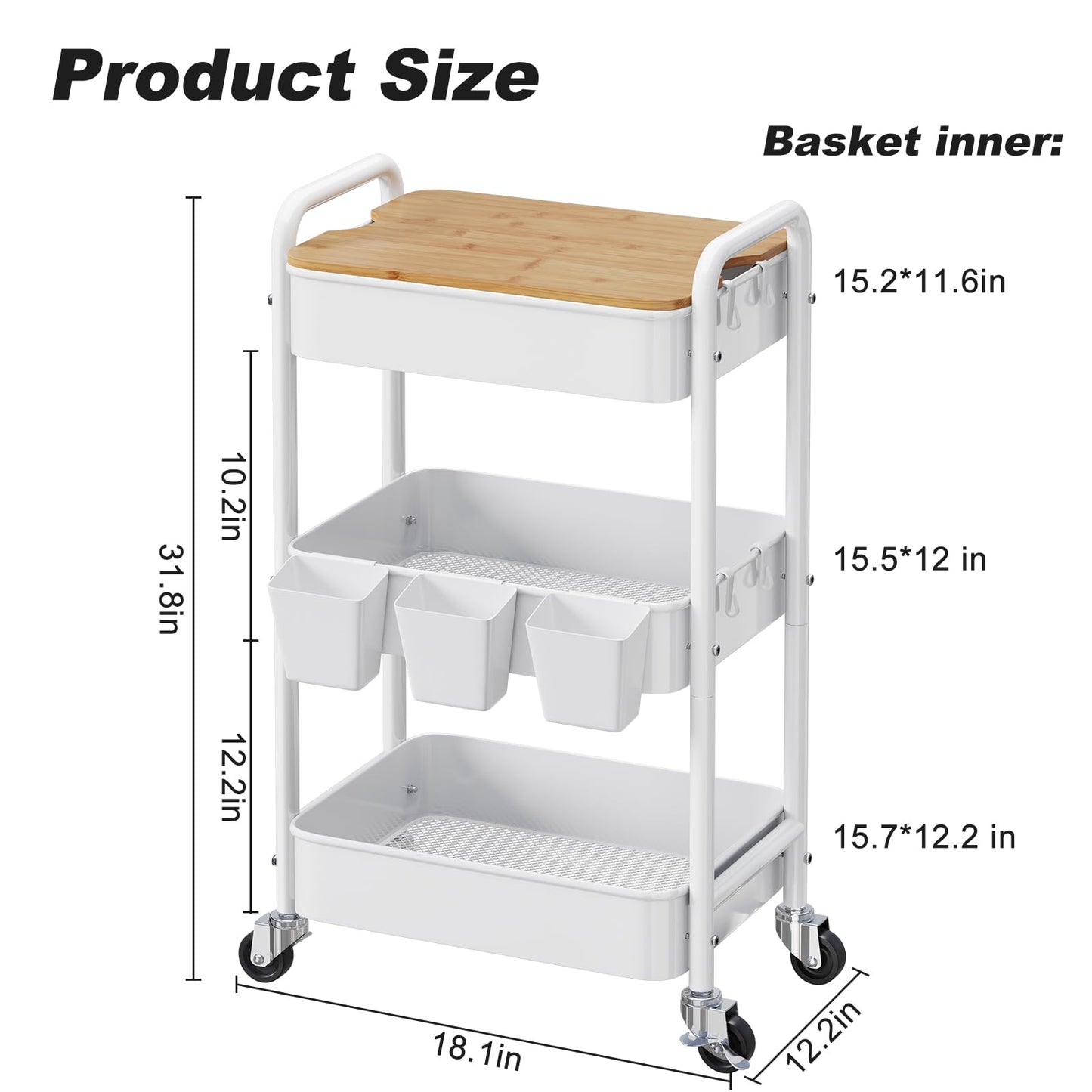 3 Tier Rolling Cart with Wood Table Top, White Bedside Cart on Lockable Wheels, Metal Utility Storage Organizer Carts for Kitchen, Art, Craft, Nail, Salon, Lash, Nursery, Bathroom, Baby Diaper Caddy