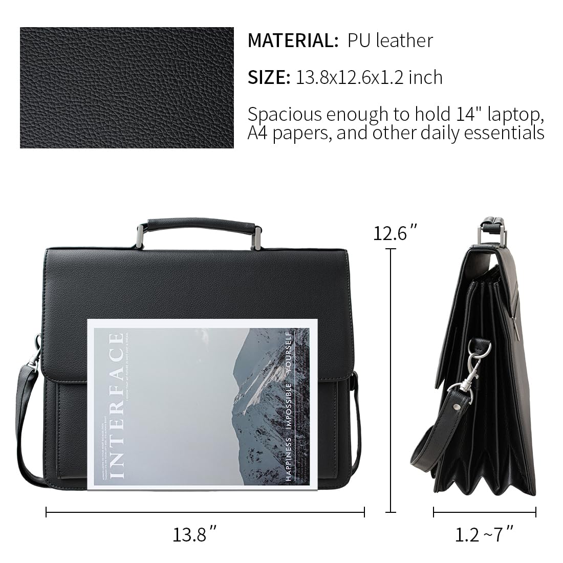Mens Leather Briefcases Office Attorney Attache Case Ideal Gift Messenger Bag w/Padded Compartment for 14" Laptop, Black