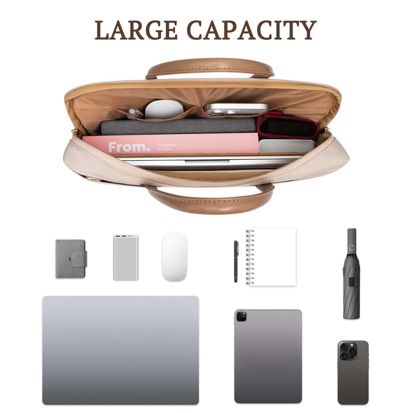 RAINYEAR 14 Inch Laptop Bag for Women, Protective Waterproof Large Capacity Computer Shoulder Bag Carrying Case with Handle for 13-14 Inch MacBook Notebook Computer, Khaki