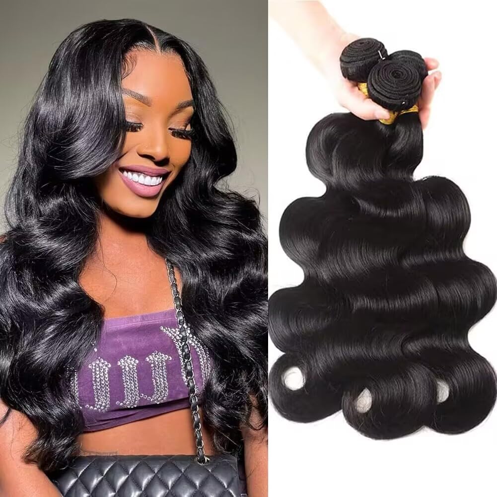 Datanala Brazilian Virgin Body Wave Human Hair 3 Bundles 100% Unprocessed Virgin Body Wave human hair bundles weave human hair Long Inch Extension Natural Black Color for Women (12 14 16Inch/NEW, Body Wave Bundles)