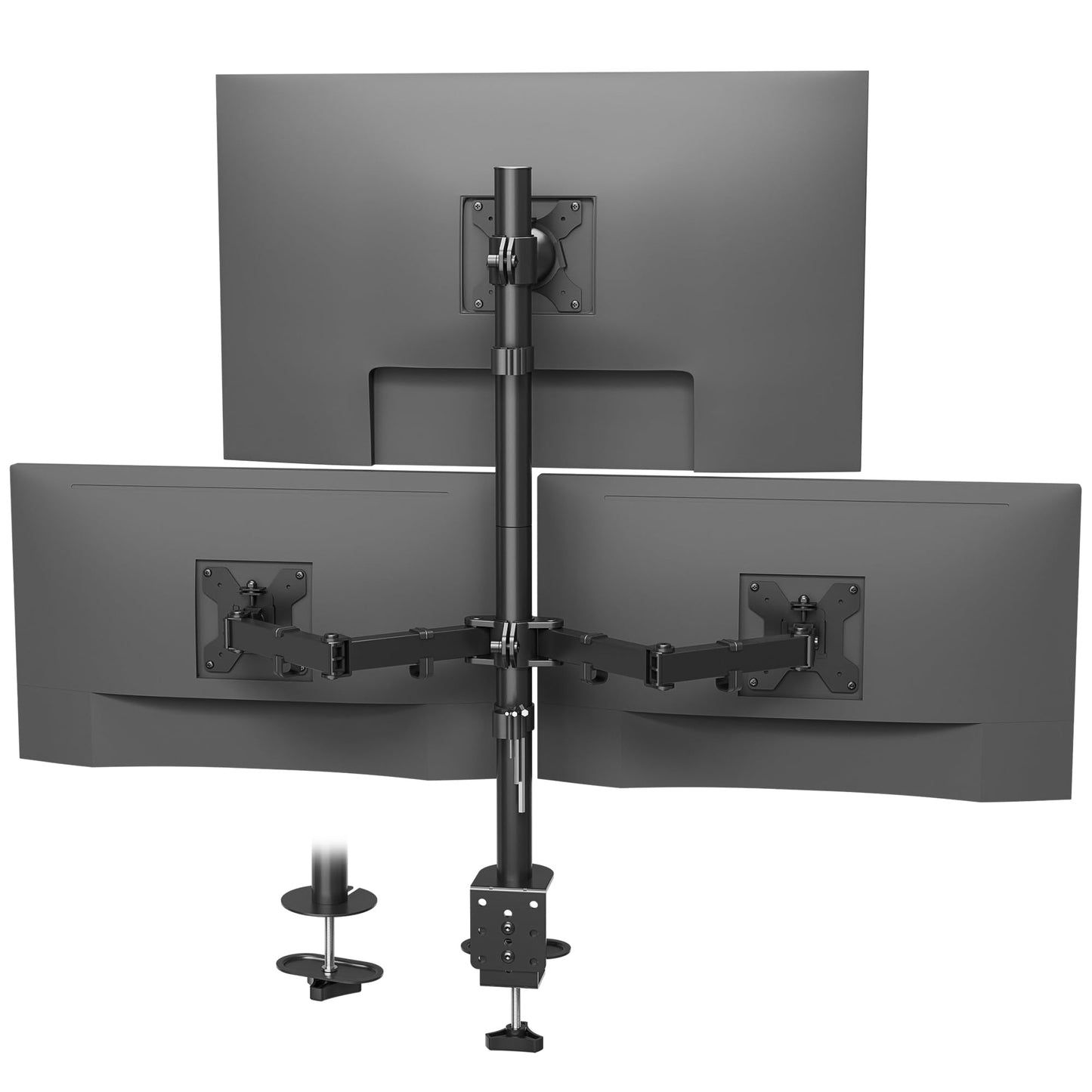 BONTEC Triple Monitor Desk Mount for One 32 Inch Screen and Two 27 inch Screens, Supports up to 22lbs, with Full Motion Adjustability, Two Installation Options and Integrated Cable Management, Black