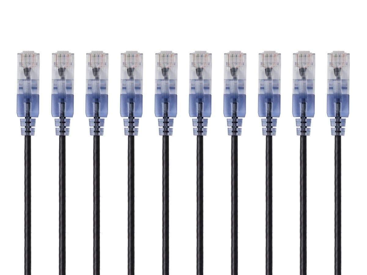 Monoprice SlimRun Cat6A Ethernet Patch Cable - Network Internet Cord - RJ45, Stranded, 550Mhz, UTP, Pure Bare Copper Wire, 10G, 30AWG , 1ft, Black, 10-Pack