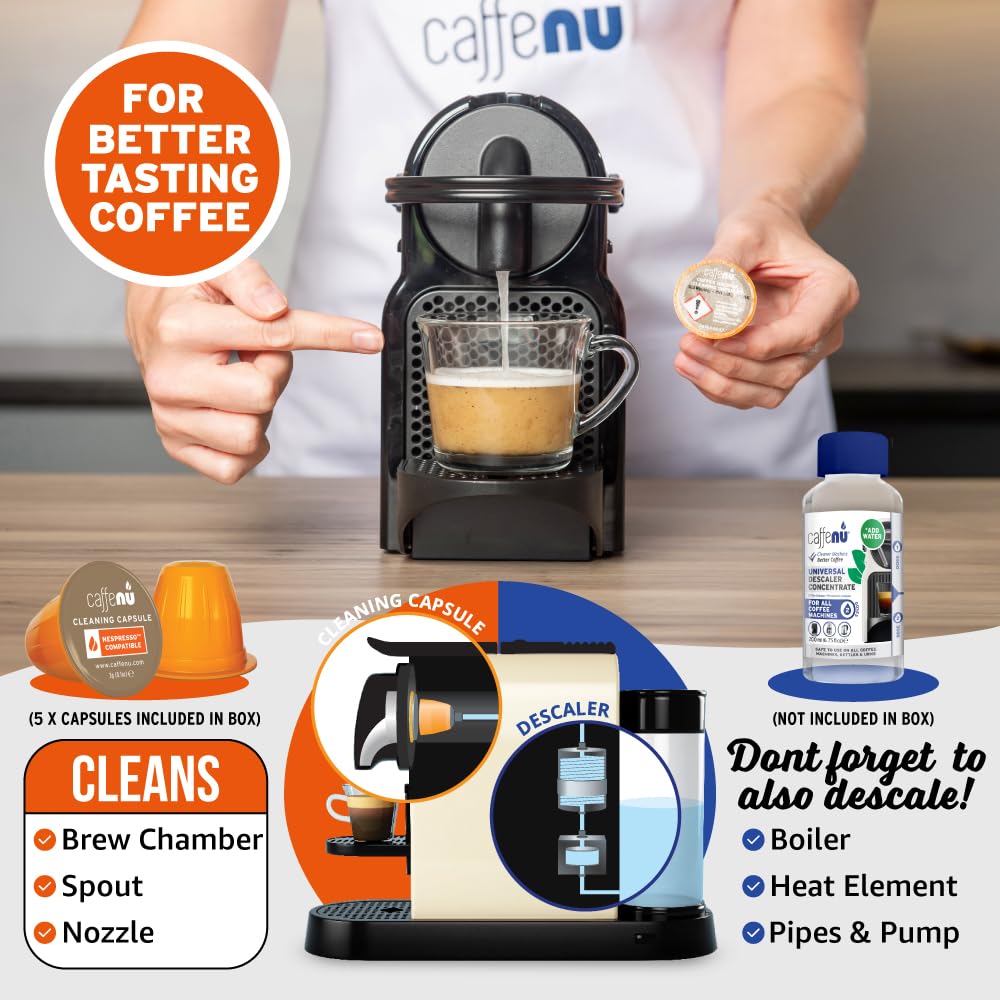Caffenu Cleaning Pods Compatible with Nespresso Originaline. Improves Coffee Flavor. 5 Cleaning Capsules, Use with Descaling Kit.