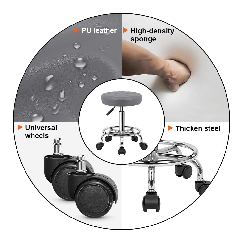 KKTONER Round Rolling Stool Chair PU Leather Height Adjustable Swivel Drafting Work SPA Shop Salon Stools with Wheels Office Chair Small (Gray)