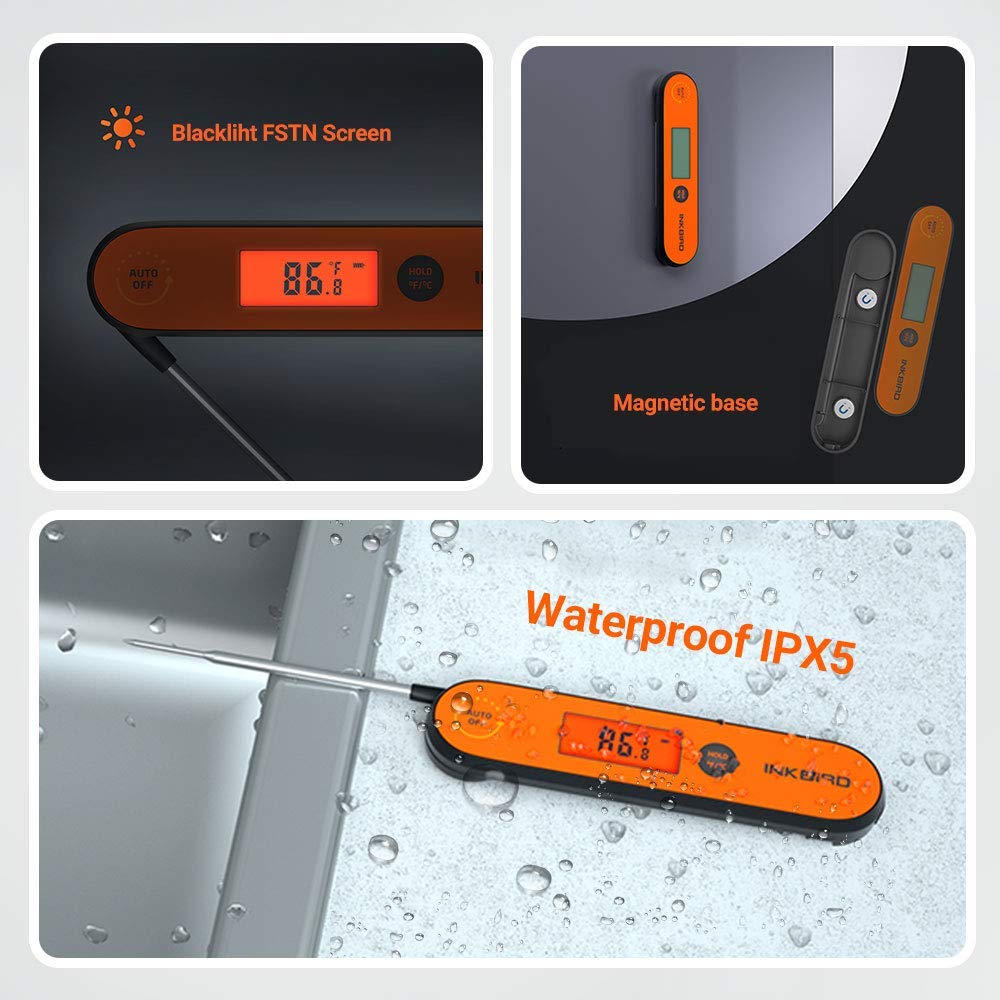 INKBIRD Instant Read Digital Meat Thermometer Waterproof Cooking Candy Thermometer with Rechargeable Calibration Magnet Backlight,IHT-1P Fast Thermometer with Folding Probe for Grill Deep Fry BBQ Milk