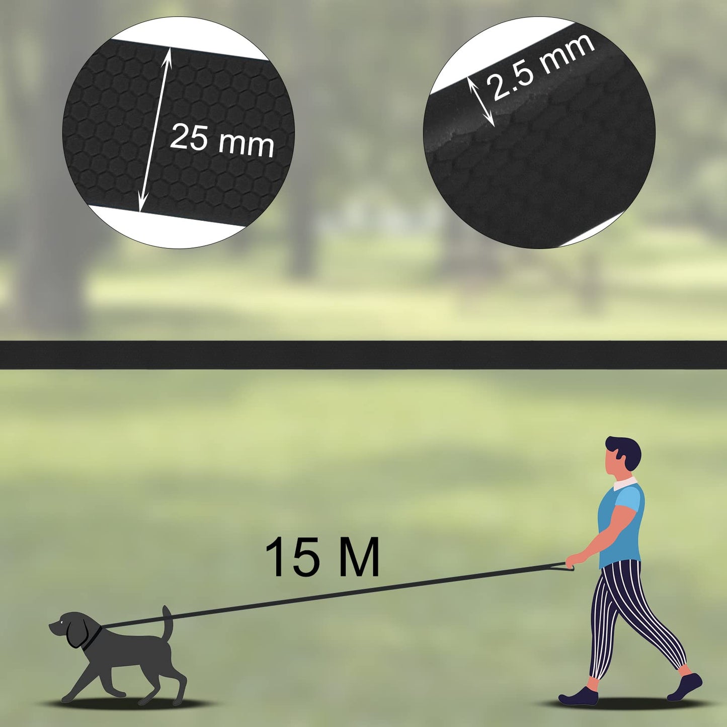 Wolfone 15m Black Heavy Duty Robust Training Dog Leash with Anti-Slip Handle，Waterproof Long Dog Leash for Outdoor Activities