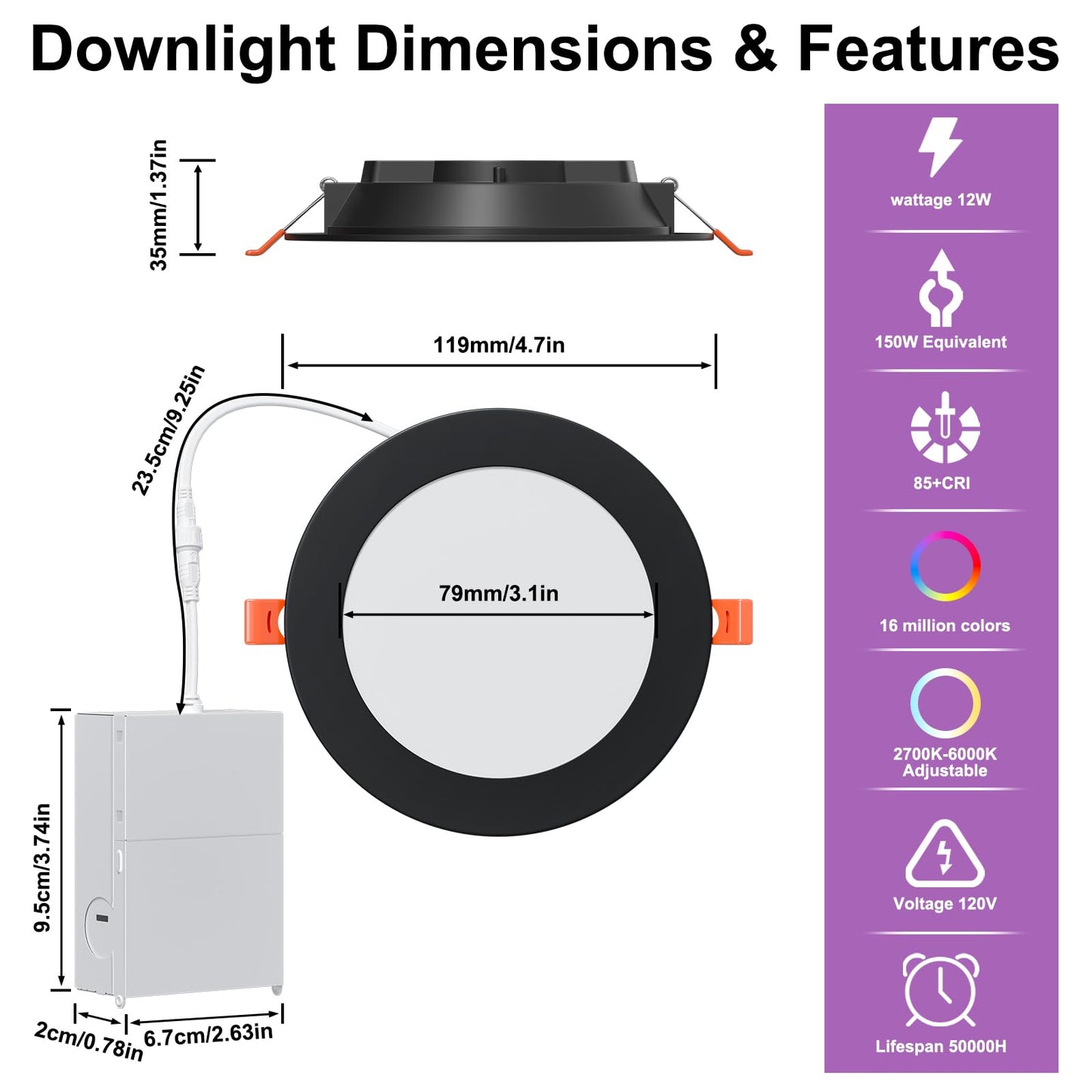 SikSog Smart Recessed Lighting 4 Inch 12W Black Pot Lights RGBCW Color Changing LED Downlight with Junction Box,1000 Lumen Recessed Ceiling Light Compatible with Alexa,Dimmable by Bluetooth -6Pack