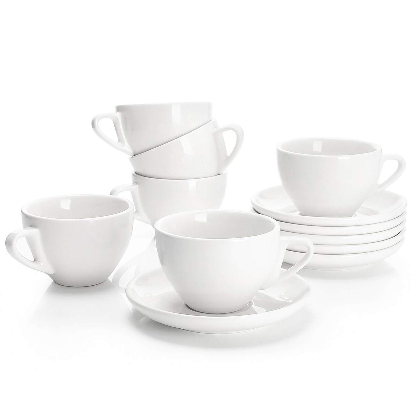 Sweese 4306 Porcelain Cappuccino Cups with Saucers - 6 Ounce for Specialty Coffee Drinks, Latte, Cafe Mocha and Tea - Set of 6, White