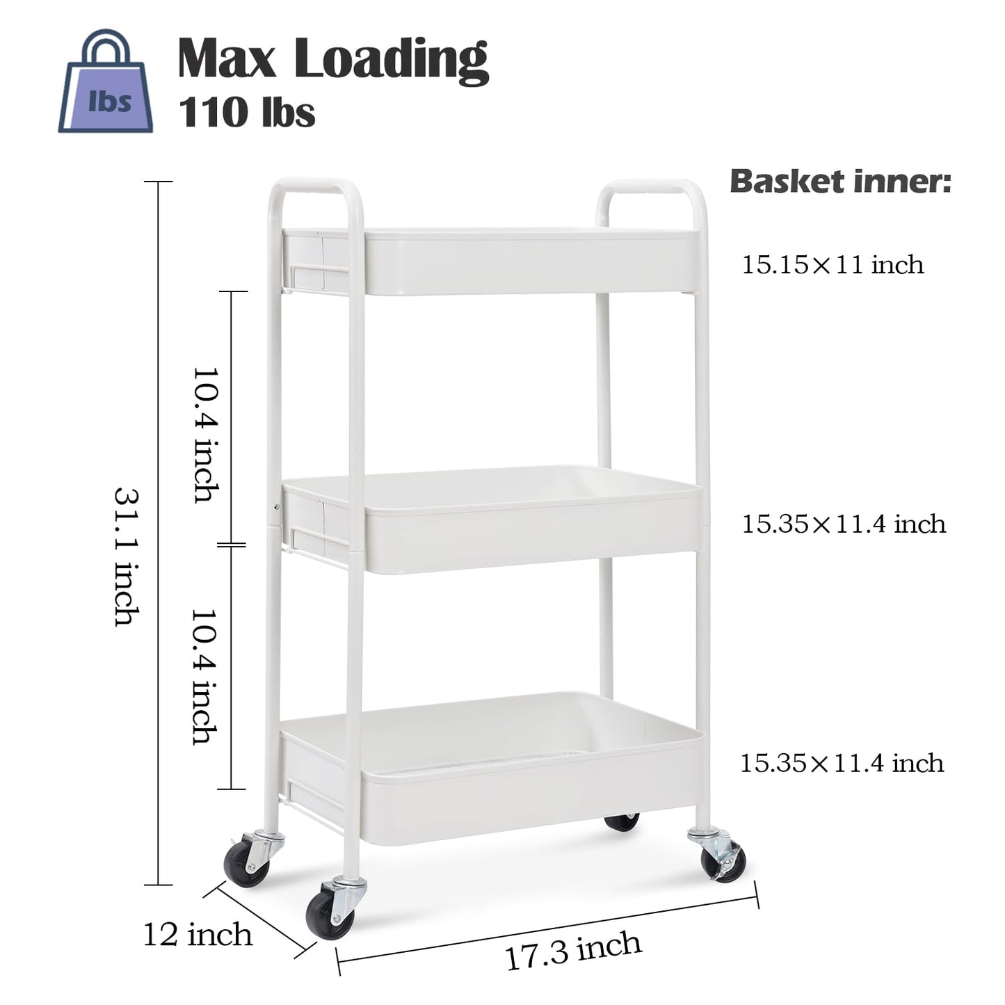 TOOLF 3-Tier Rolling Cart, Metal Utility Cart with Lockable Wheels, Storage Craft Art Cart Trolley Organizer Serving Cart Easy Assembly for Office, Bathroom, Kitchen, Kids' Room, Classroom (White)