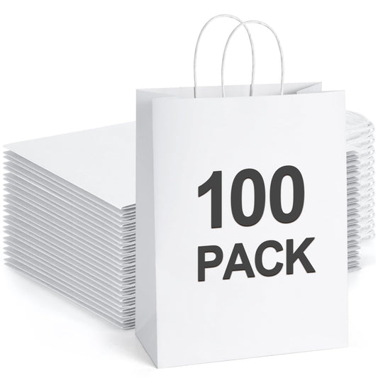 BagDream Gift Bags 10x5x13 100Pack White Kraft Paper Bags Large Size 100% Recyclable Gift Bag with Handles Shopping Merchandise Retail Wedding Party Favor Grocery Paper Lunch Bags Bulk